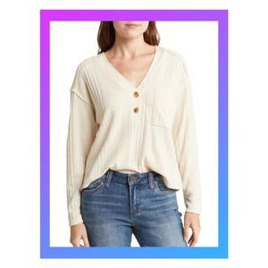 NWT Lush Oatmeal V-Neck Button Front Ribbed Knit Top Size Small 2-4